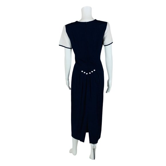 Vintage 1990s Sailor Style Dress Navy Blue White Long Empire Bust Rayon Midi - Picture 6 of 10
